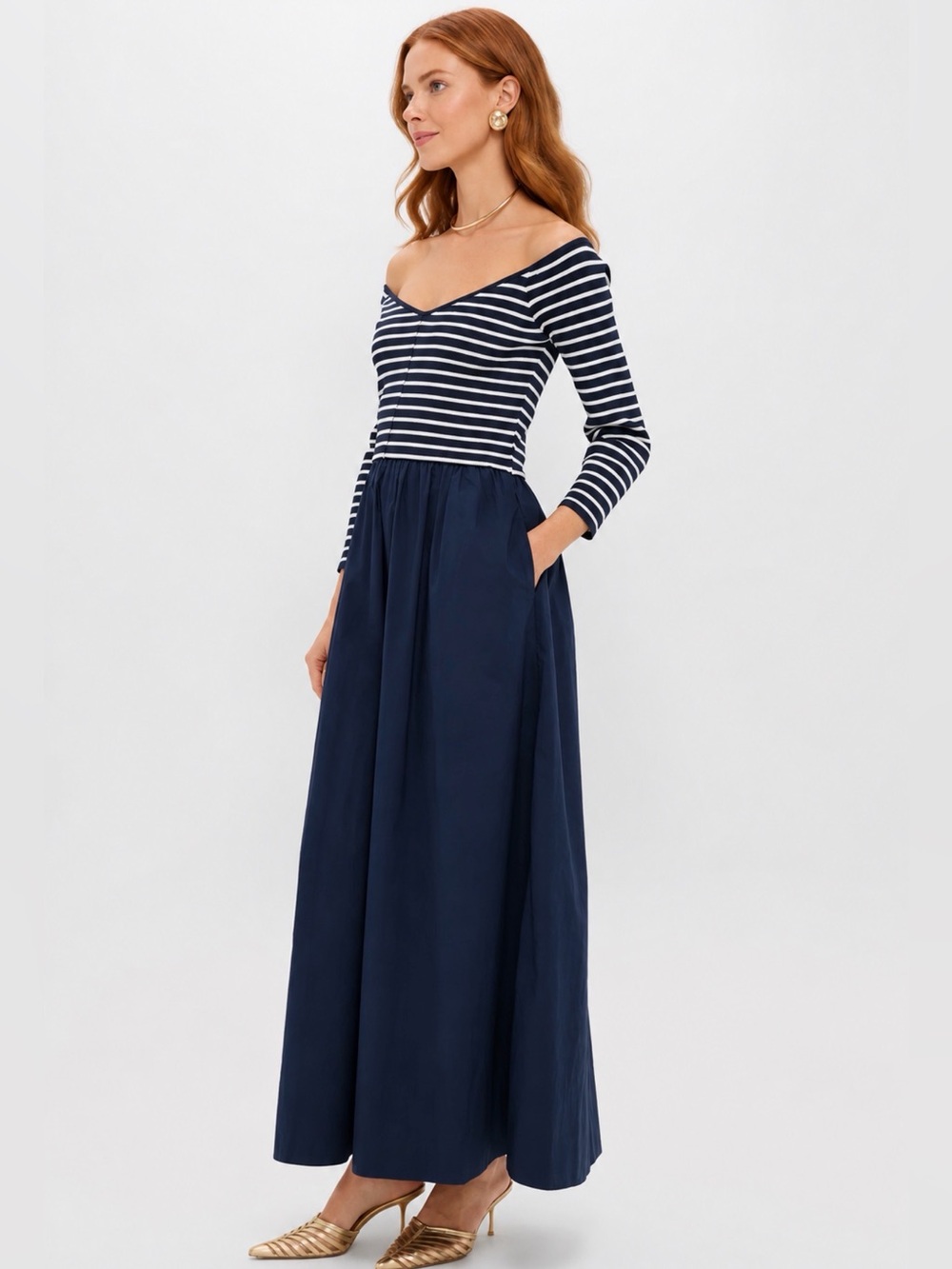 Tuckernuck Clea Dress /Gown Stretch Knit Off the Shoulder Pockets  EUC Size L